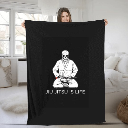 Jiu Jitsu is Life seated blackbelt skeleton poster Fleece Blankets