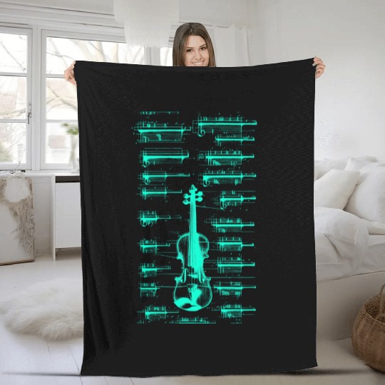 Teal Neon Da Vinci violin blueprint Fleece Blankets