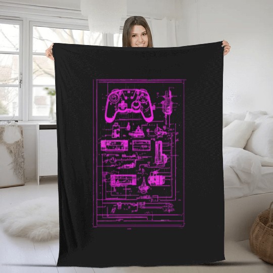 Neon Pink Video Game Controller Blueprint Fleece Blankets