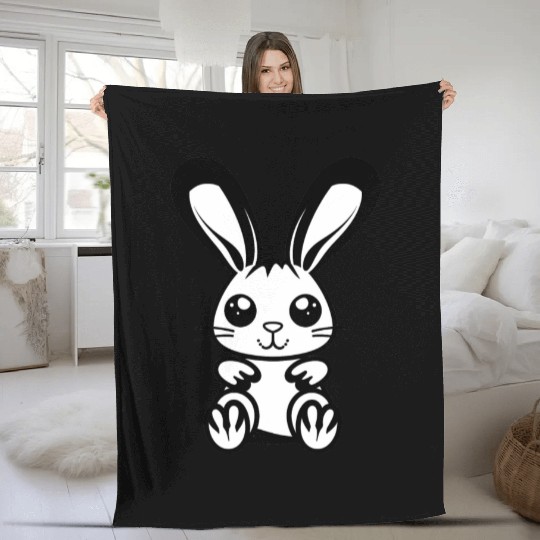 Adorable 2D Easter Bunny with a Bold Black Outline Fleece Blankets