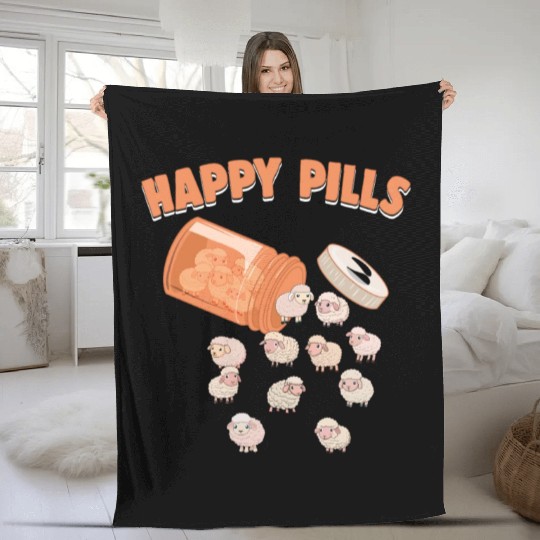 Happy Pills Sheep Funny Farm Animal Lovers Humor Fleece Blankets