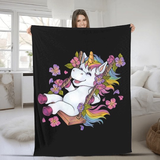 Cute unicorn on swing Flowers Spring gift children Fleece Blankets