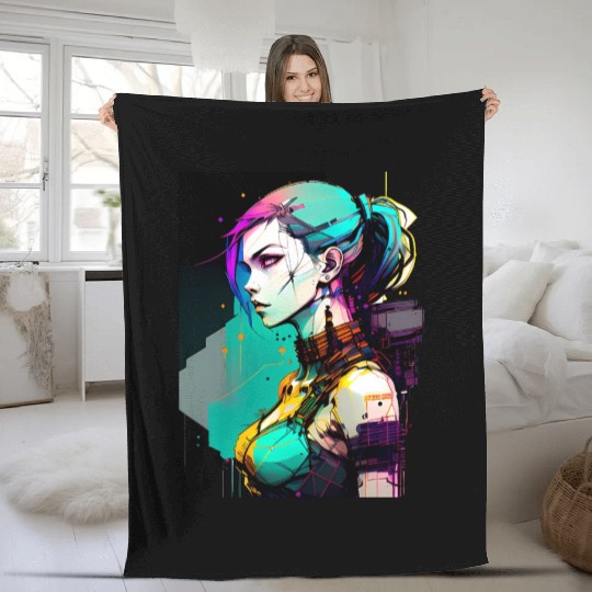 Bold and Beautiful Cyberpunk Girl with Teal Hair Fleece Blankets