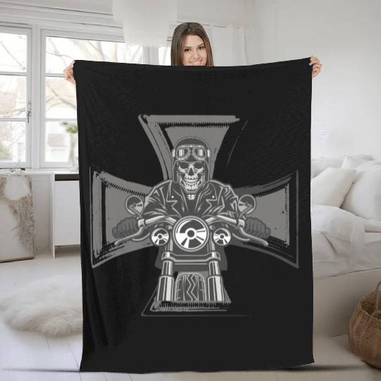 Biker Cross Motorcycle Emblem Skeleton Fleece Blankets