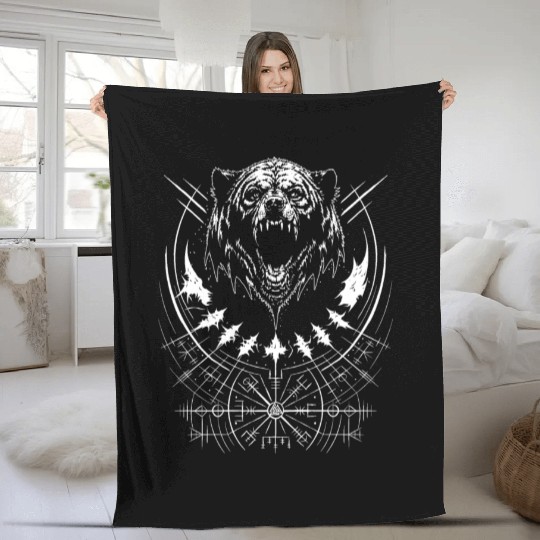 Grizzly bear Vegvisir runes compass Germanic Tribe Fleece Blankets