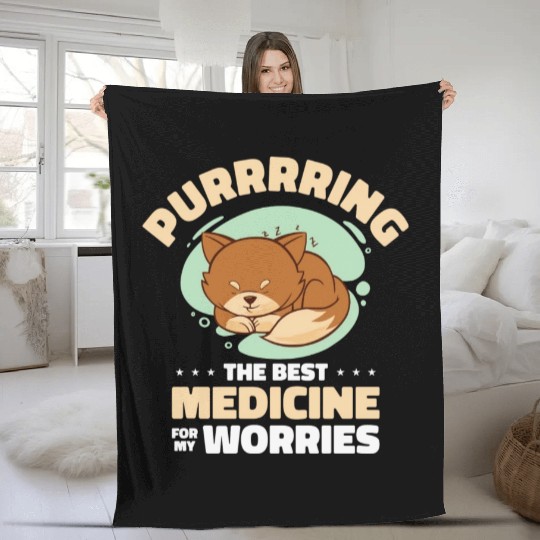 Best Medicine Purring Cat Positivity Cat Lover Fleece Blankets