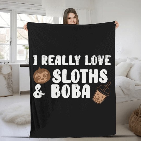 Cute Lazy Sloth Boba Tea Sweet Bubble Tea Fleece Blankets