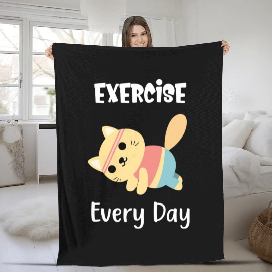 Exercise Every Day Cute Cat Gym Workout Fleece Blankets
