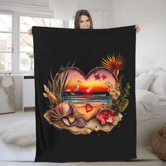 Retro Beach Heart Sunset Watercolor 3 Fleece Blankets