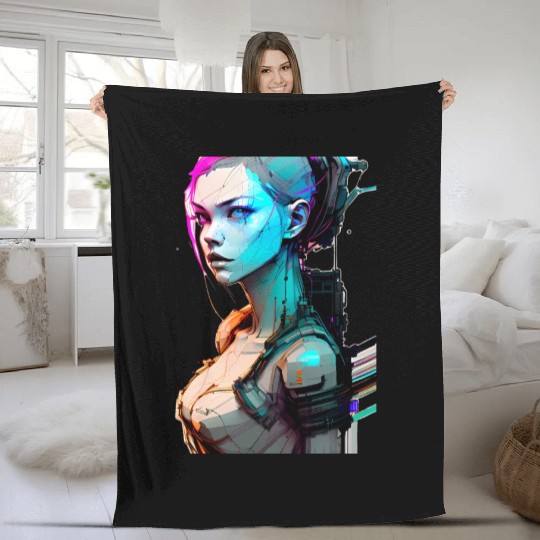 High Tech Style Illustration of a Cyberpunk Girl Fleece Blankets