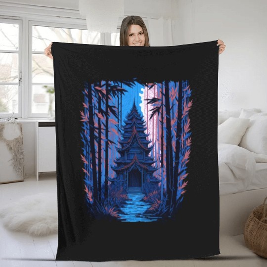Japanese Temple in a Bamboo Forest Fleece Blankets