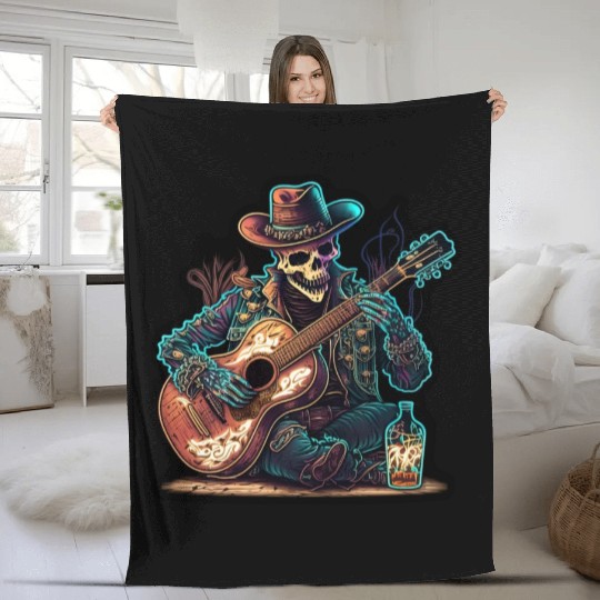cowboy skeleton play guitar Fleece Blankets