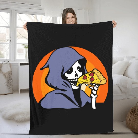 Retro Halloween Pizza Lover Ghost Grim Reaper Fleece Blankets