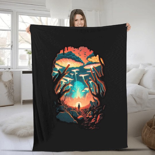 Psychedelic Forest Surreal Wanderer Mushrooms Fleece Blankets