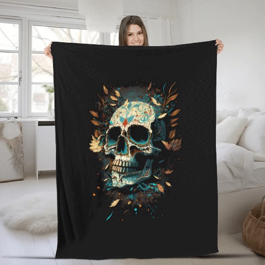 Skull Dia de los Muertos Halloween Tattoo Gift Fleece Blankets