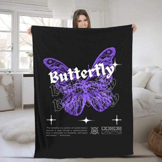 Black Purple White Modern Illustrated Butterfly Fleece Blankets