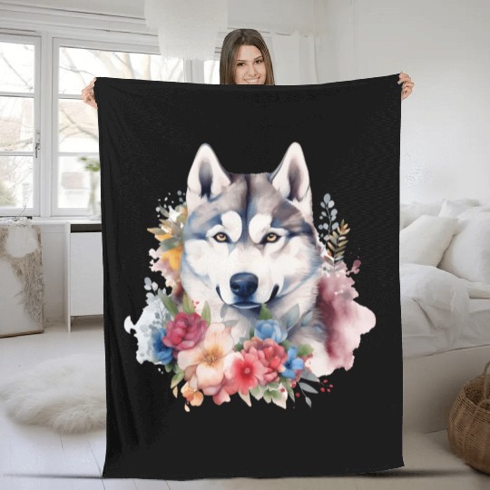 Siberian Husky Dog Watercolor Floral Fleece Blankets