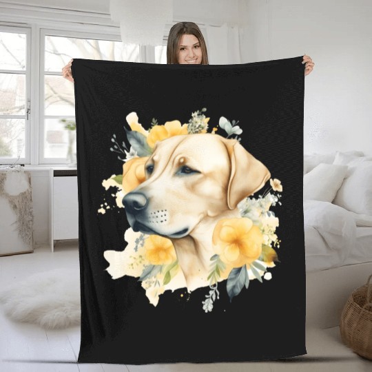 Yellow Lab Dog Watercolor Floral Fleece Blankets