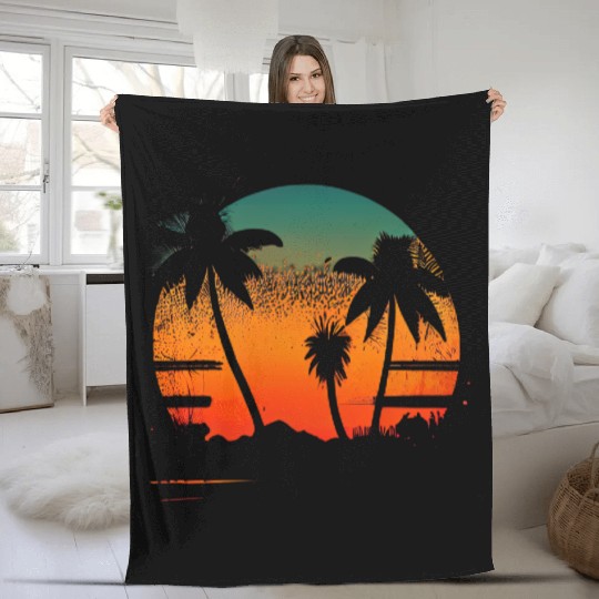 Vintage Retro Sunset Watercolor Beach Vacation 2 Fleece Blankets