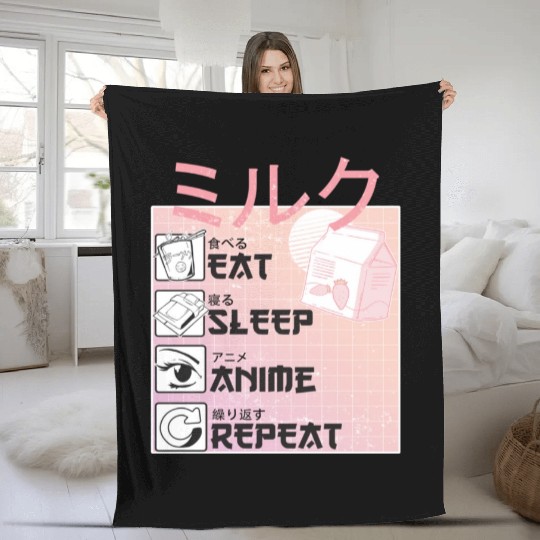 Eat Sleep Anime Repeat Straweberry Milk Japanese Fleece Blankets