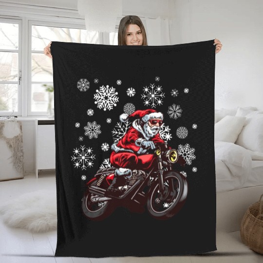 Santa Claus Biker Motorcycle Snowflakes Christmas Fleece Blankets