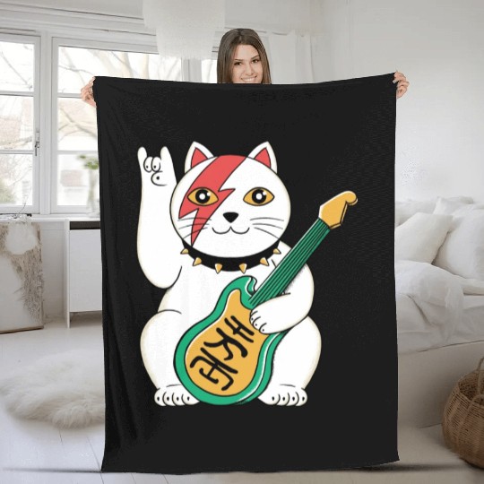 Lucky Cat Guitar Guitarist Fleece Blankets