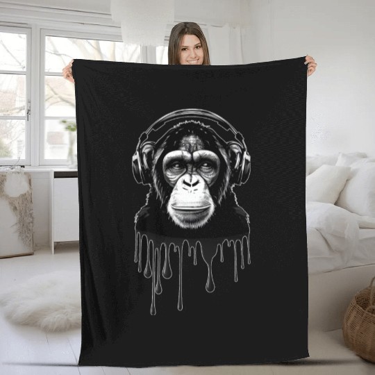 Chimpanzee with Headphones Monkey Music DJ Fleece Blankets