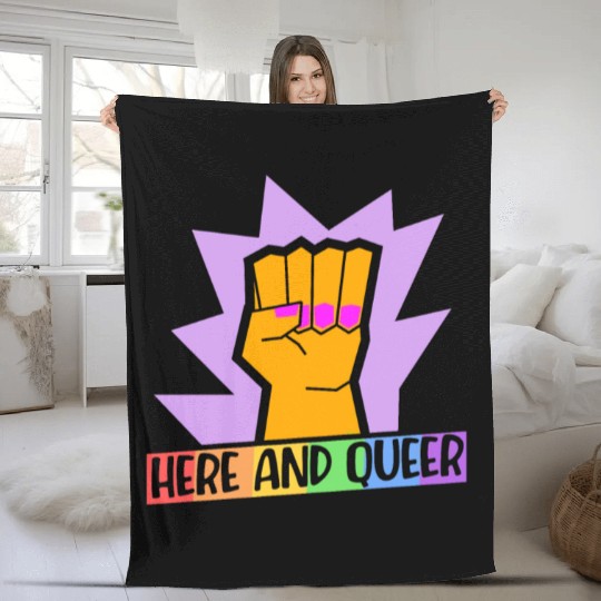 Here And Queer LGBTQ Community Rainbow Pride Month Fleece Blankets