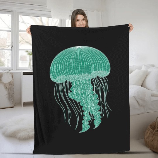 Sea life, Green Jellyfish Fleece Blankets