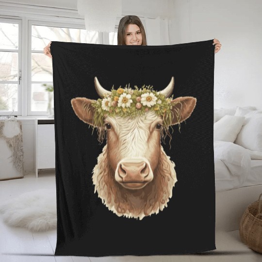 Flower Crown Cow Floral Farm Animal Pet Fleece Blankets