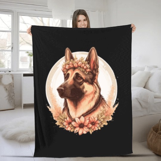 German Shepherd Flower Crown Dog Breed Floral Farm Fleece Blankets