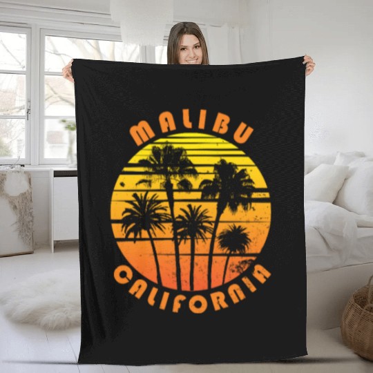Retro Malibu California Souvenir Vintage Palm Tree Fleece Blankets