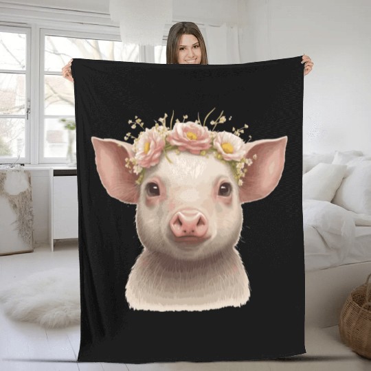 Cute Piglet Flower Crown Baby Pig Floral Farm Anim Fleece Blankets