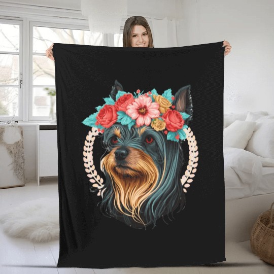 Cute Yorkshire Terrier Flower Crown Pet Dog Breed Fleece Blankets