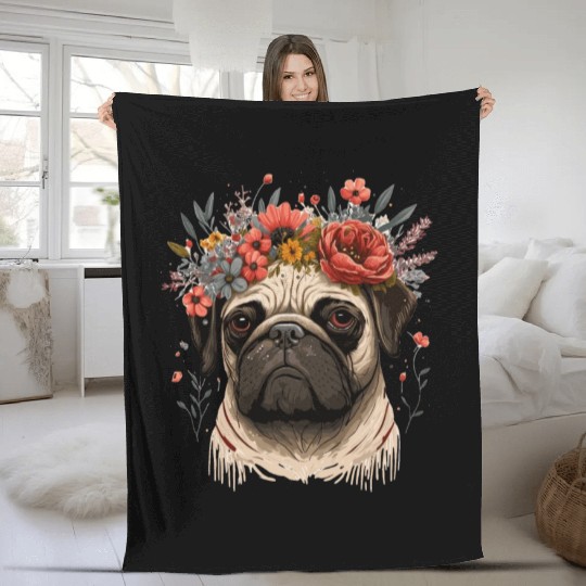 Cute Pug Flower Crown Pet Dog Breed Floral Puppy Fleece Blankets