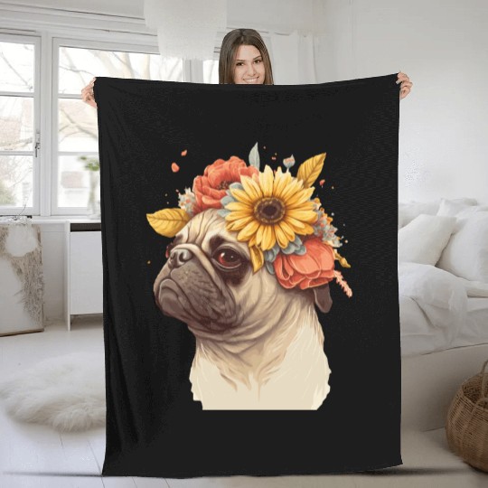 Cute Pug Flower Crown Pet Dog Breed Floral Puppy Fleece Blankets