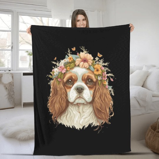 Cavalier King Charles Spaniel Flower Crown Dog Flo Fleece Blankets
