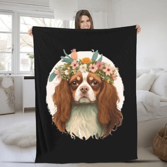 Cavalier King Charles Spaniel Flower Crown Pet Dog Fleece Blankets