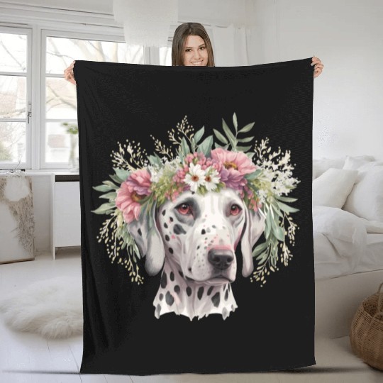 Cute Dalmatian Flower Crown Pet Dog Breed Puppy Fleece Blankets