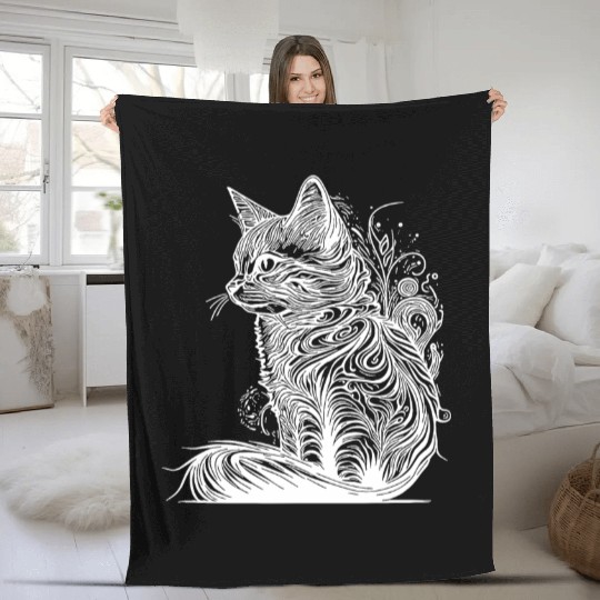 Tattoo Lines Cat In Wild Nature Style Fleece Blankets
