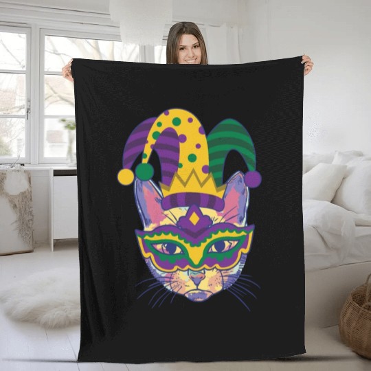 Mardi Gras Cat Cosplayer Jester Mask Costume Fleece Blankets