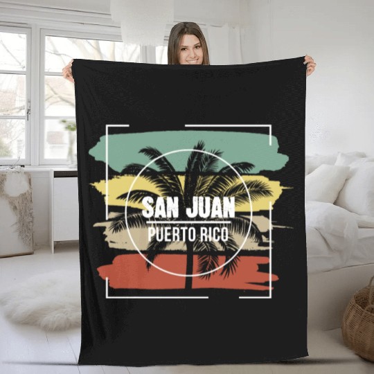 San Juan Puerto Rico Artistic Palm Tree Retro Fleece Blankets