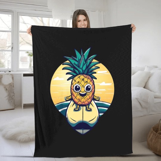 Kawaii pineapple on at sunset Fleece Blankets