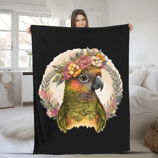 Cute Green Cheek Conure Parrot Bird Flower Crown P Fleece Blankets