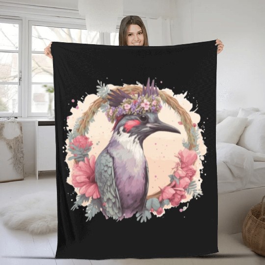 Artistic Watercolor Woodpecker Bird Flower Crown P Fleece Blankets