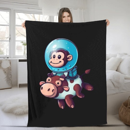 Monkey on Cow Rocket Schuttle Astronaut Cosmonaut Fleece Blankets