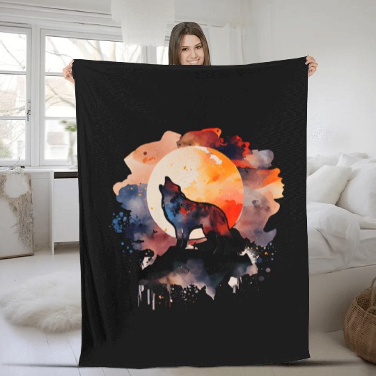 Wolf Howling at Moon Watercolor Fleece Blankets