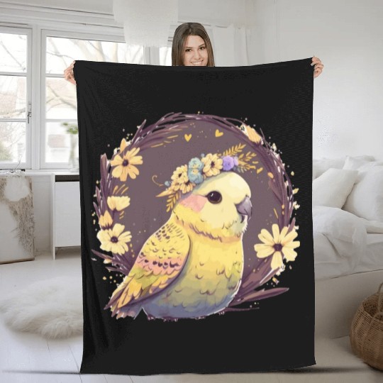 Cute Budgie Parakeet Bird Flower Crown Pet Birds Fleece Blankets