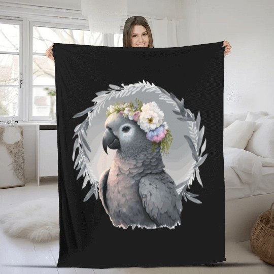 Artistic African Gray Parrot Bird Flower Crown Pet Fleece Blankets