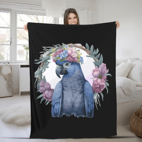 Watercolor Hyacinth Macaw Parrot Bird Flower Crown Fleece Blankets